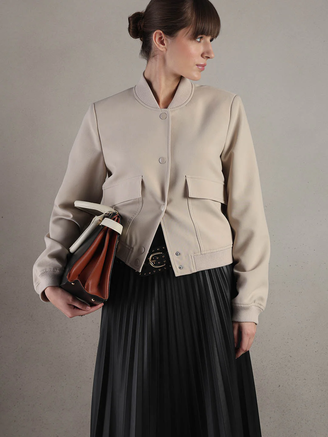 Beige Buttoned Bomber Jacket