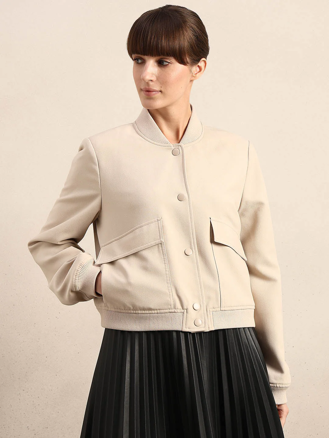 Beige Buttoned Bomber Jacket - Image 2
