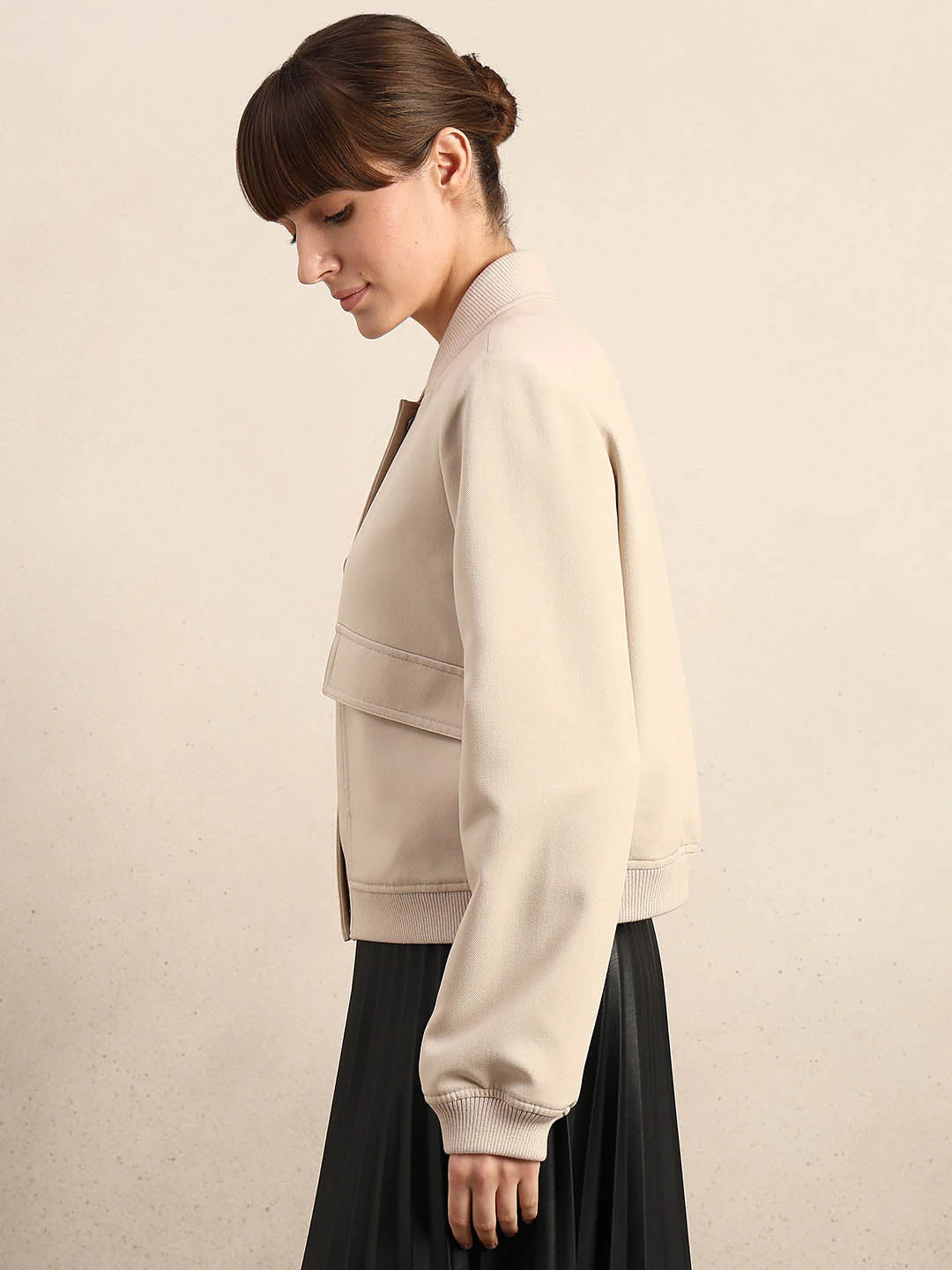 Beige Buttoned Bomber Jacket - Image 3