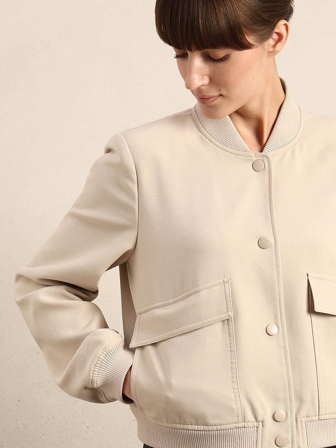 Beige Buttoned Bomber Jacket - Image 6