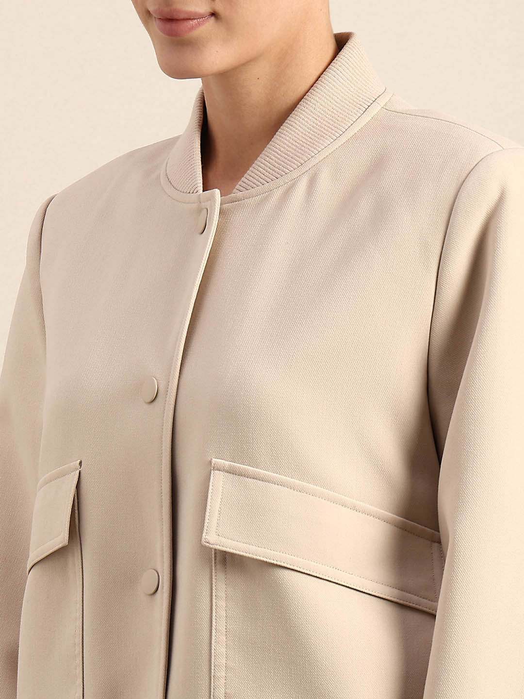 Beige Buttoned Bomber Jacket - Image 8