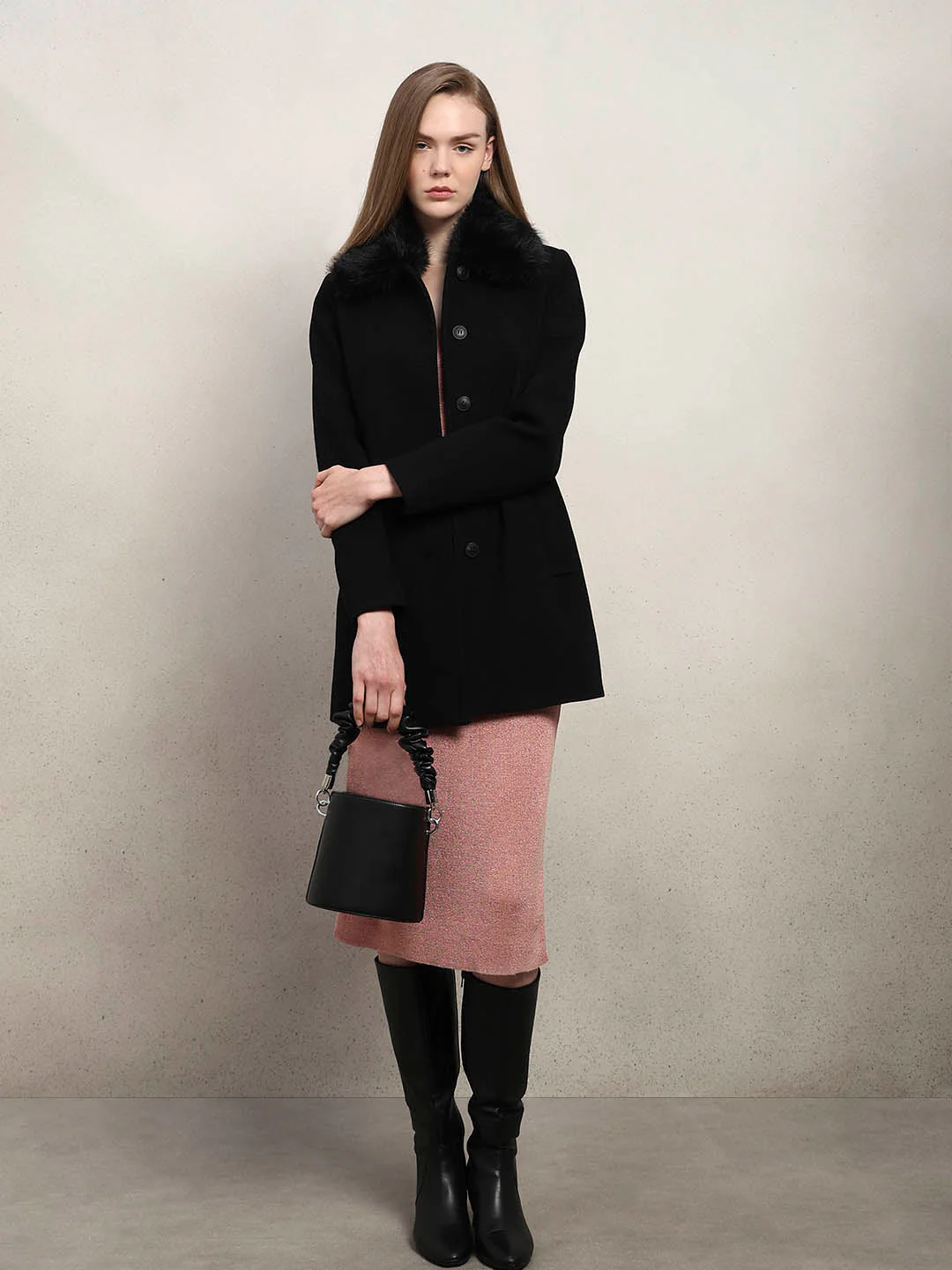 Black Faux Fur Collar Coat