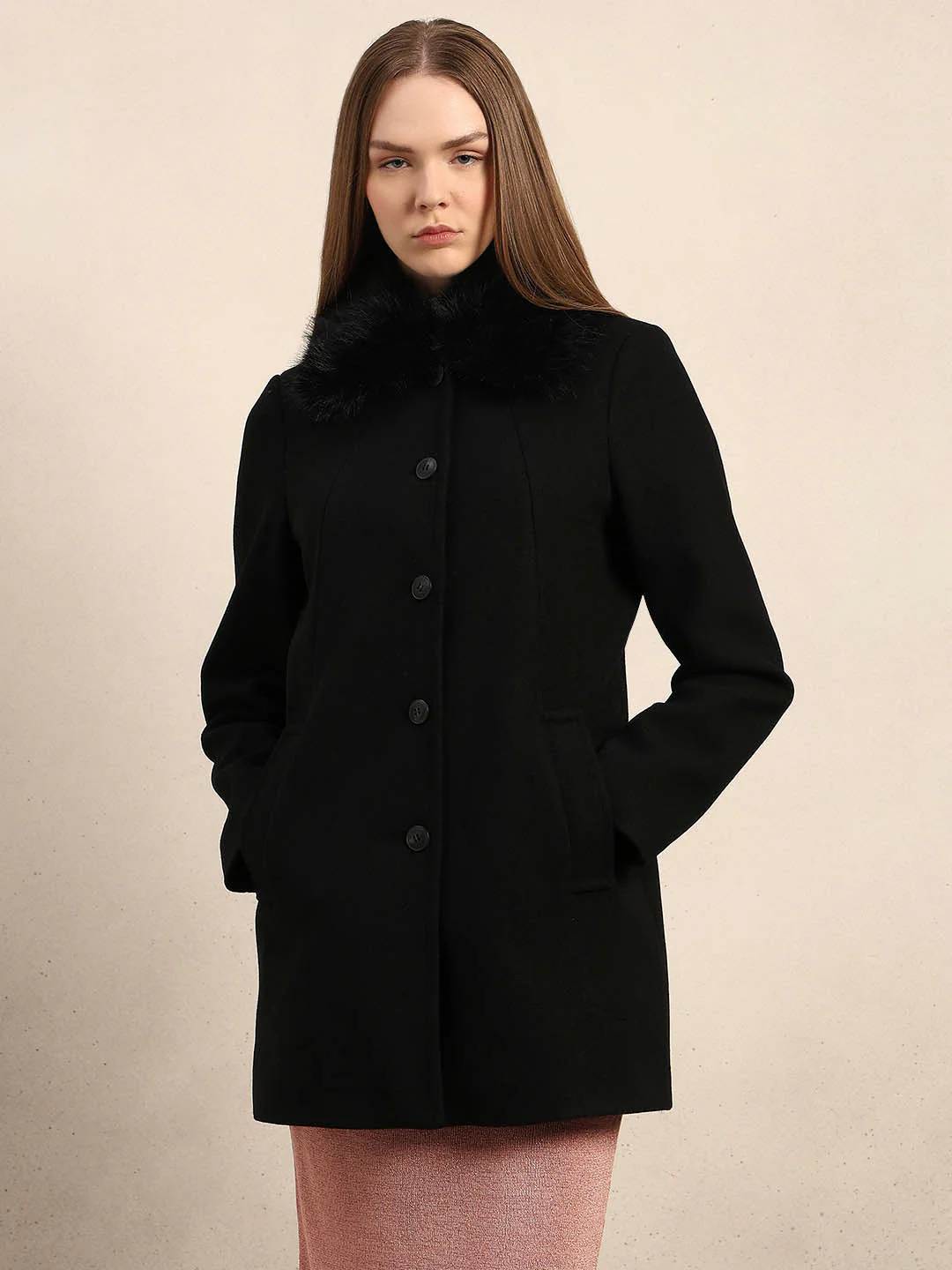 Black Faux Fur Collar Coat - Image 2