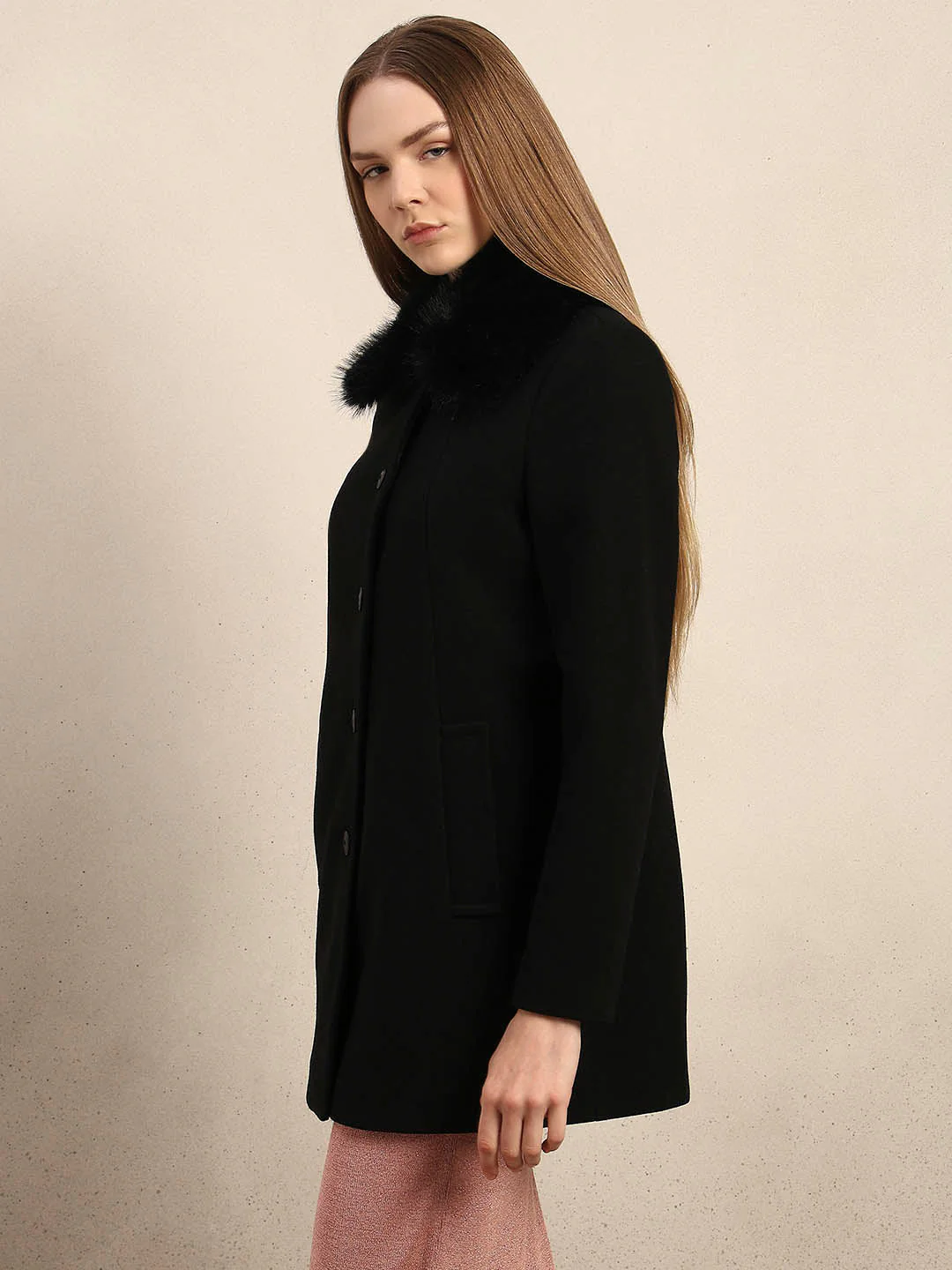 Black Faux Fur Collar Coat - Image 3
