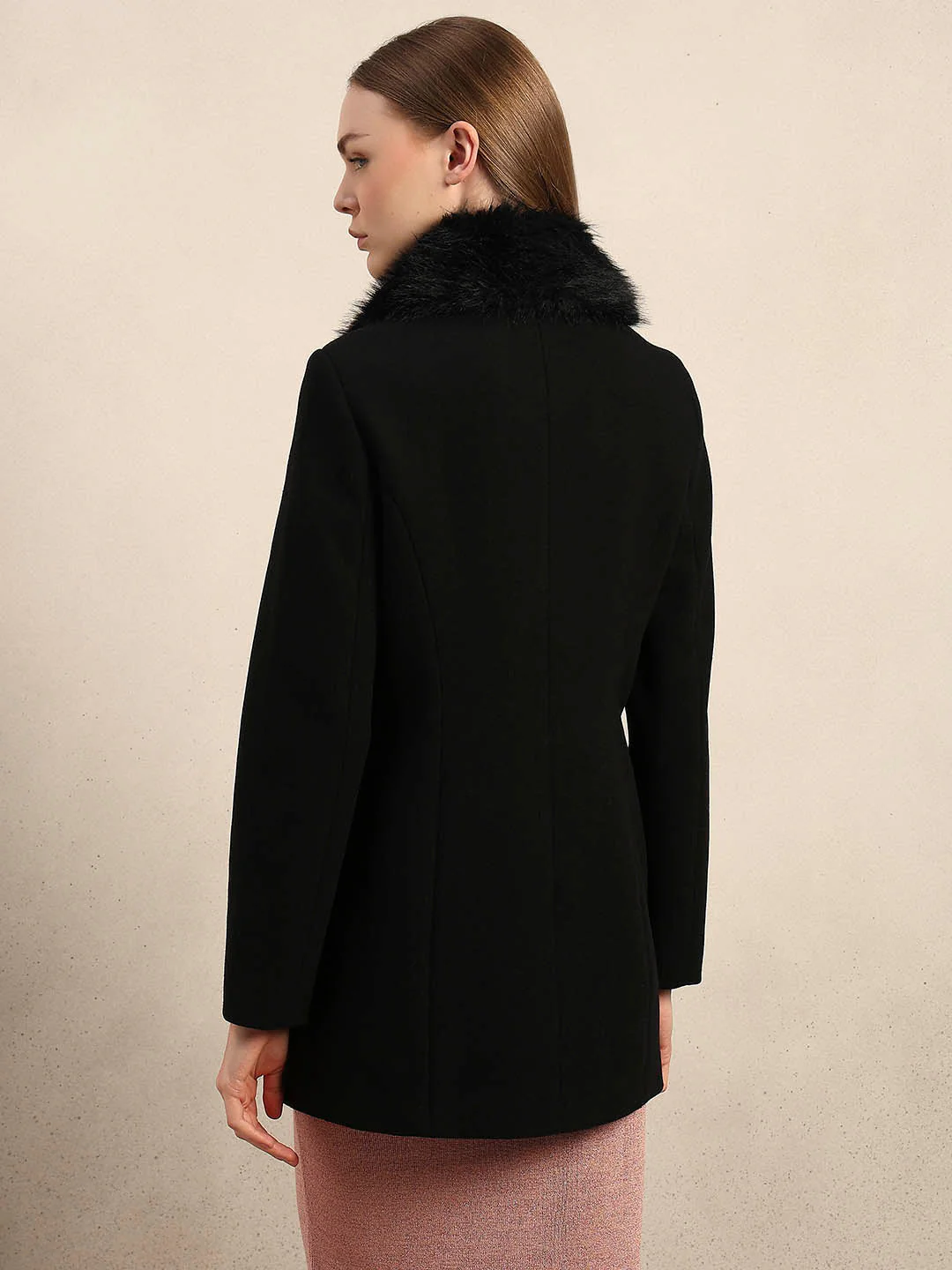 Black Faux Fur Collar Coat - Image 4