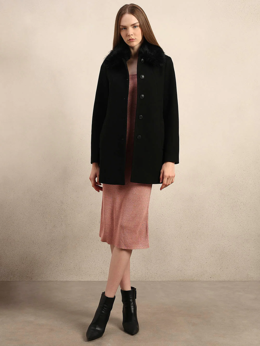 Black Faux Fur Collar Coat - Image 5