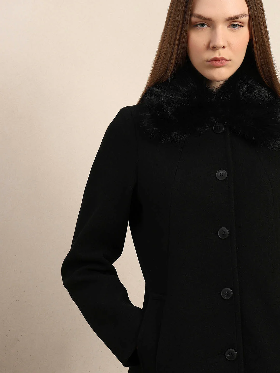 Black Faux Fur Collar Coat - Image 6