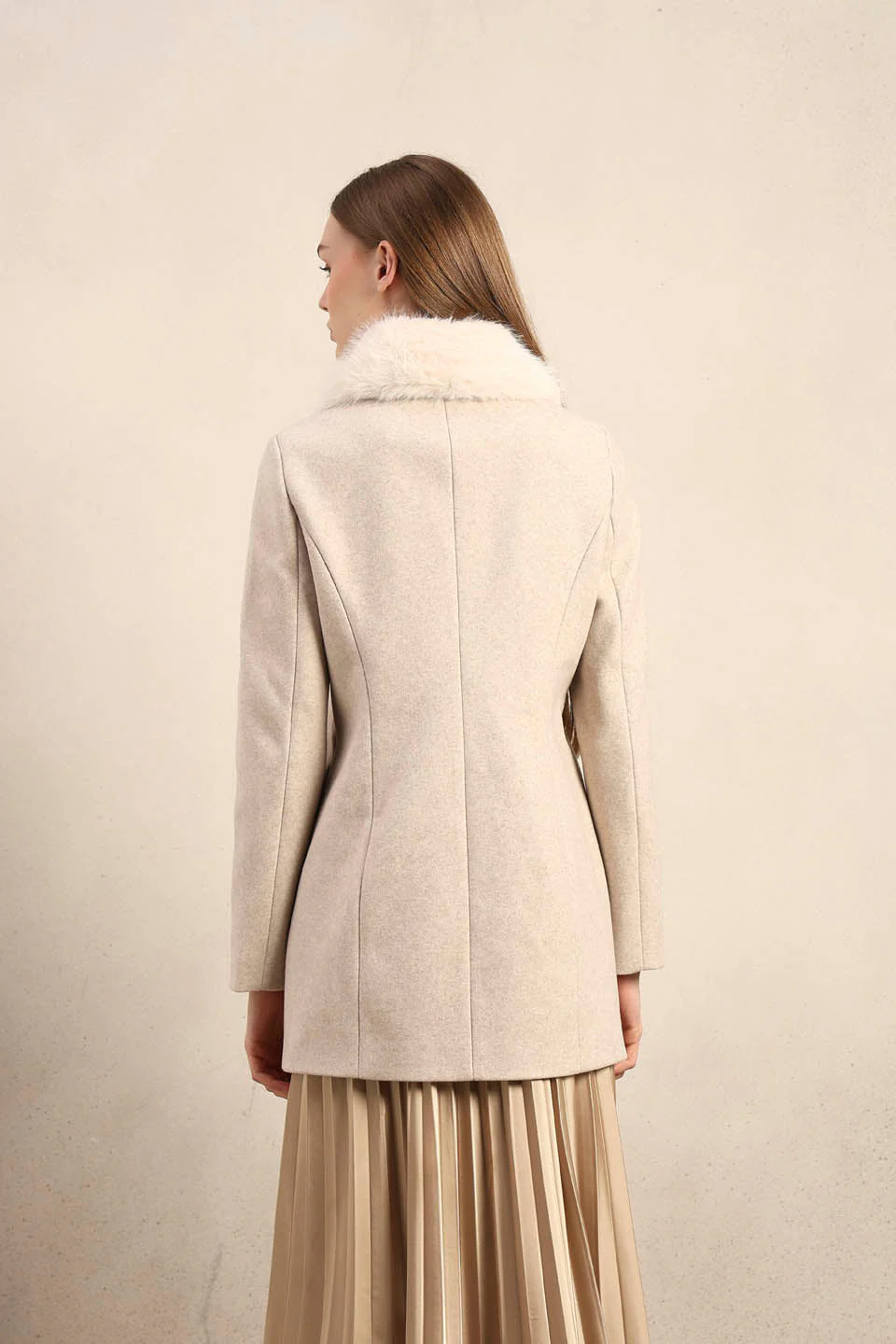 Beige Faux Fur Collar Coat - Image 10