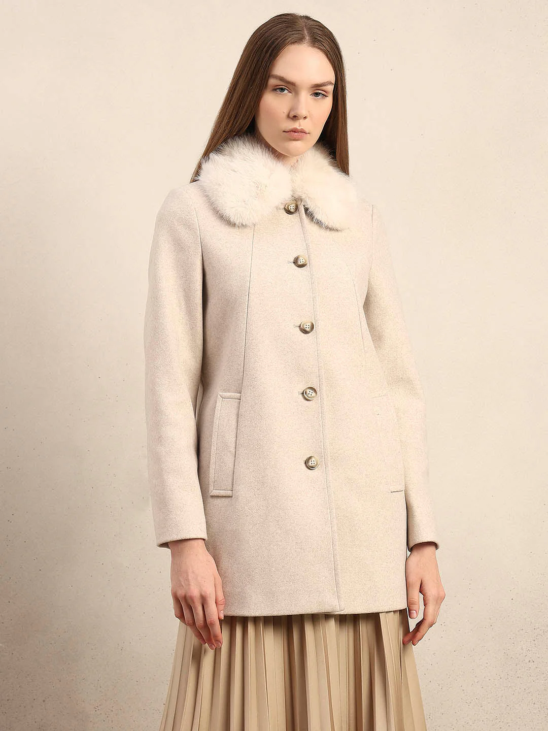 Beige Faux Fur Collar Coat - Image 2