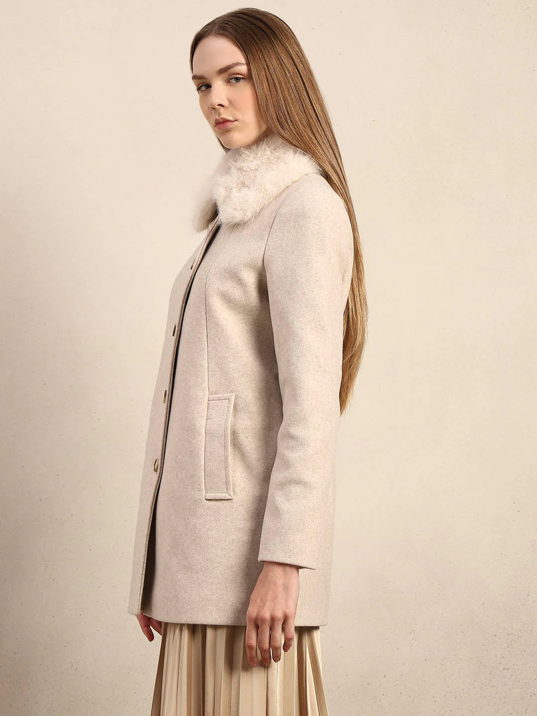 Beige Faux Fur Collar Coat - Image 3
