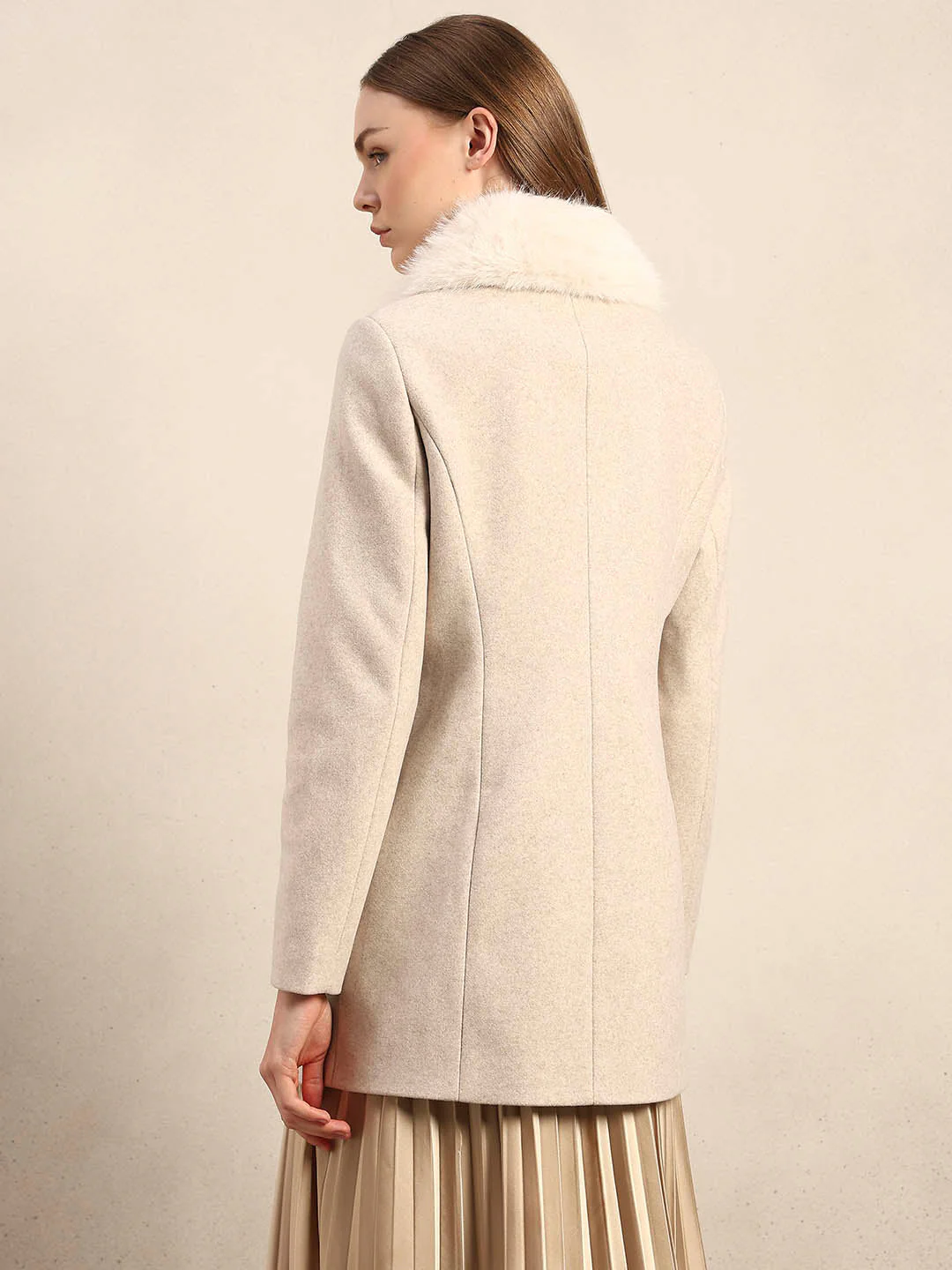 Beige Faux Fur Collar Coat - Image 4