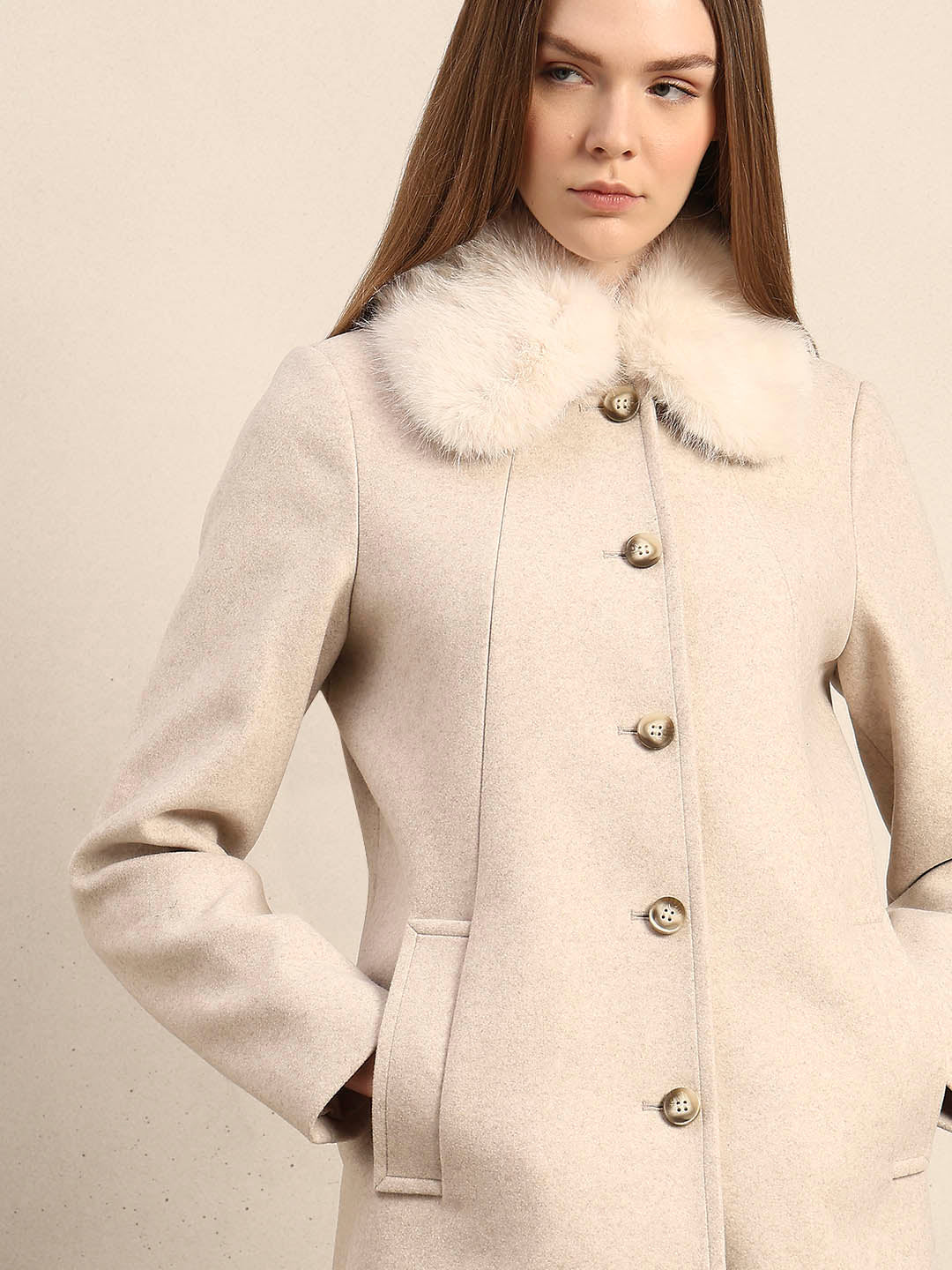 Beige Faux Fur Collar Coat - Image 6