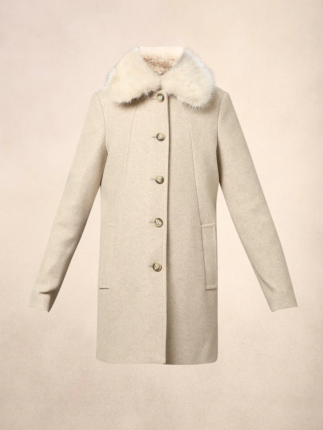 Beige Faux Fur Collar Coat - Image 7