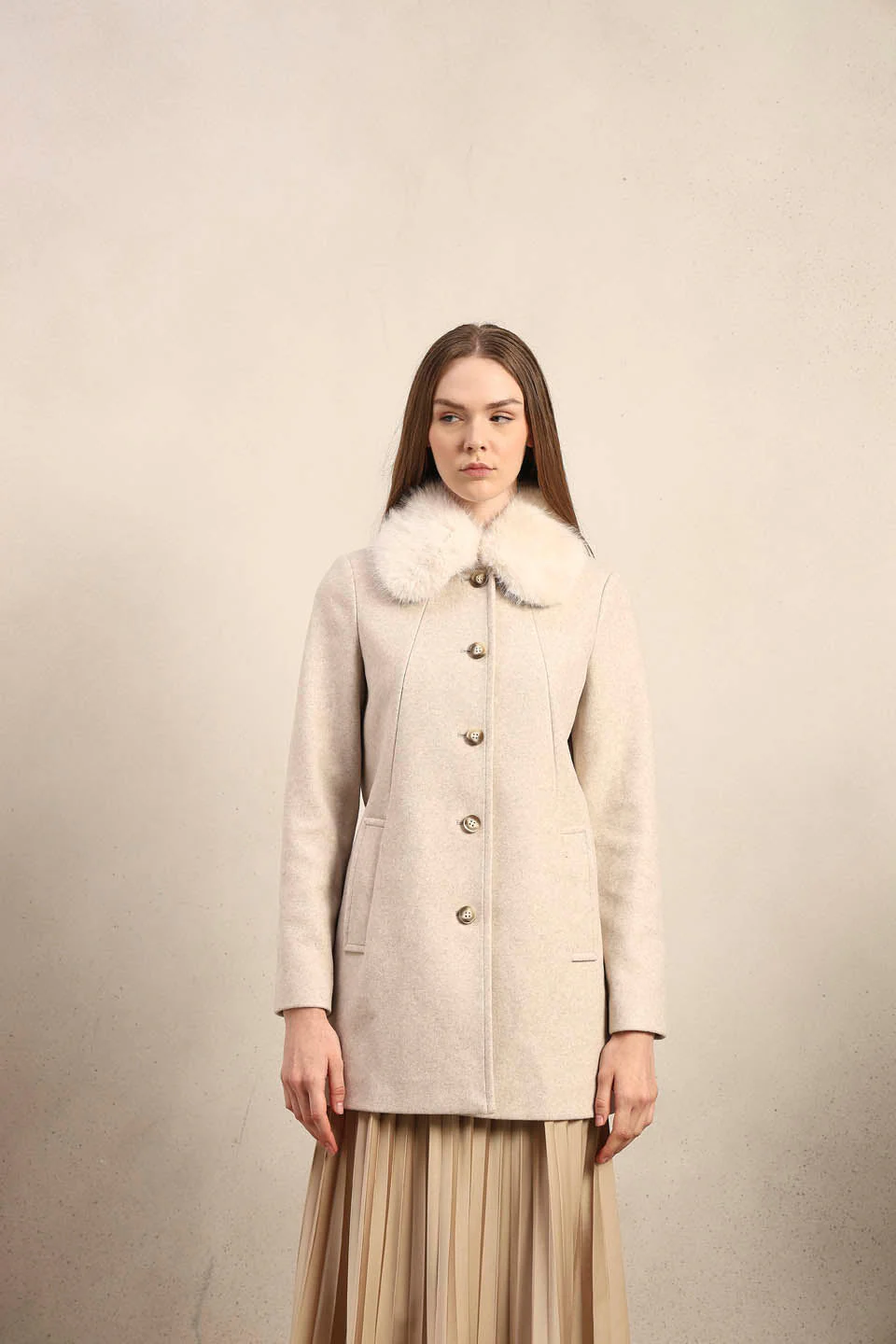 Beige Faux Fur Collar Coat - Image 9