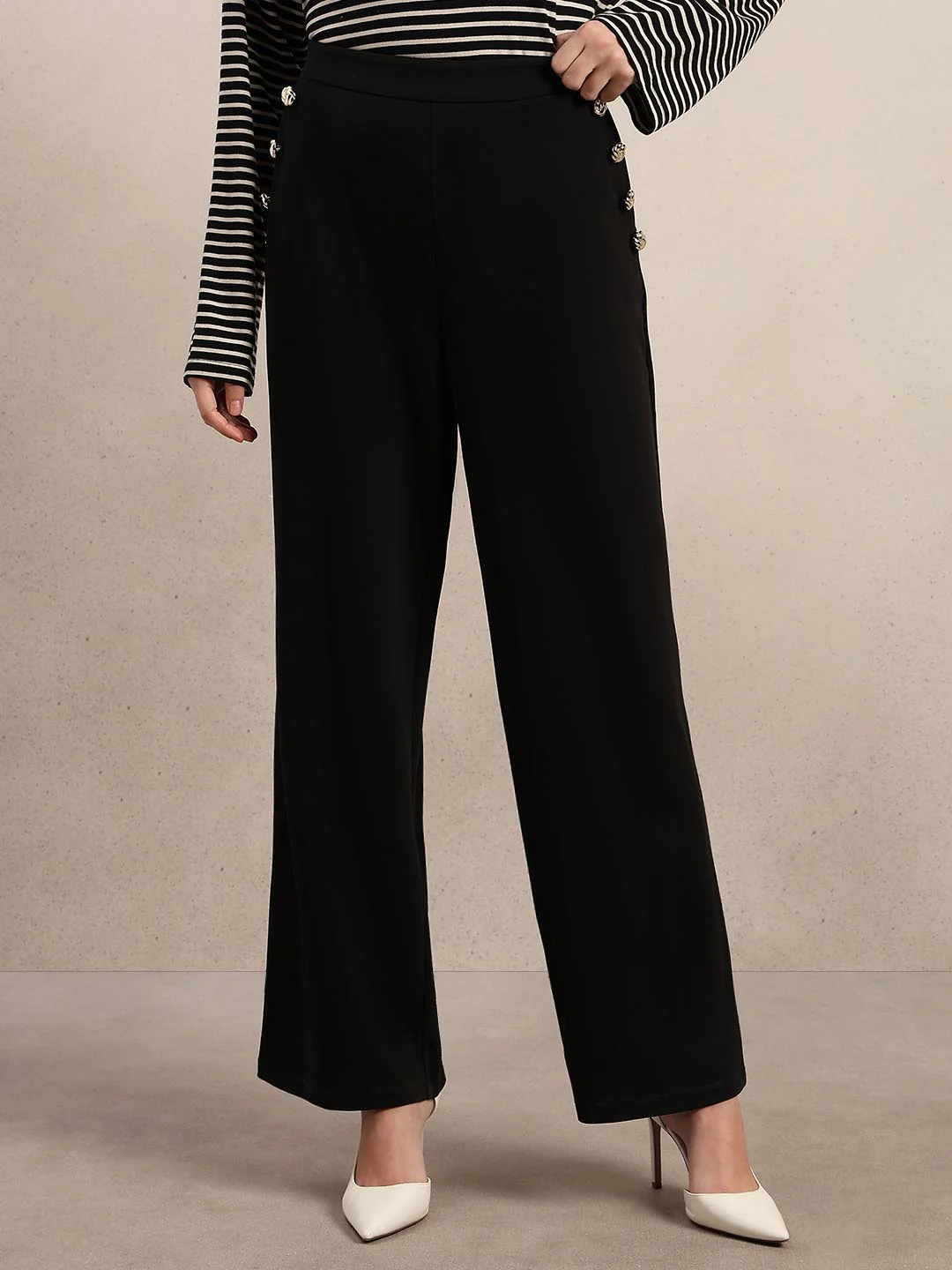 Black Button Detail Pants - Image 2