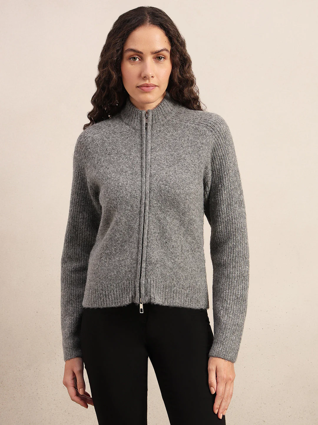 High Neck Zip Cardigan - Grey - Image 2