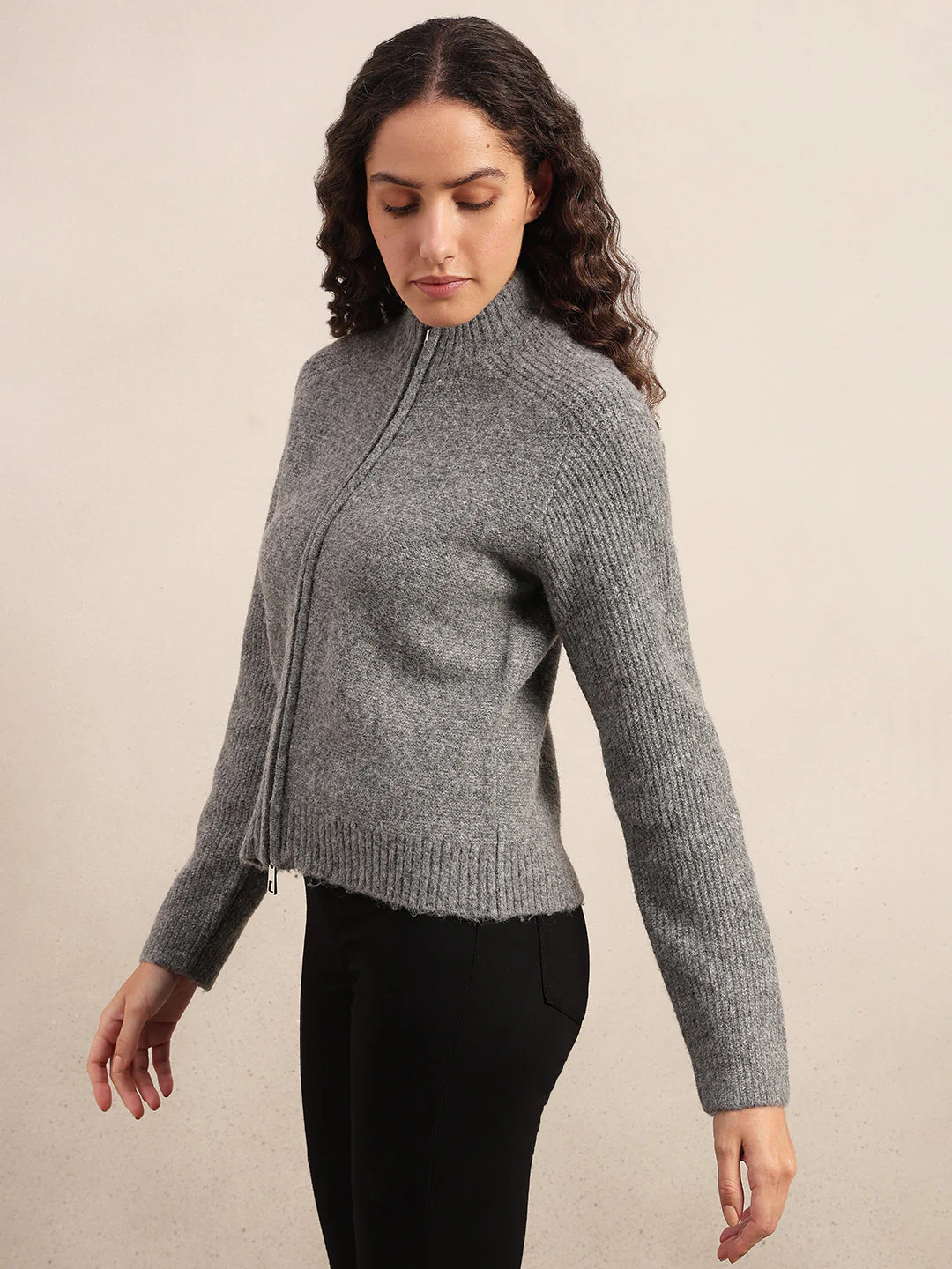 High Neck Zip Cardigan - Grey - Image 3