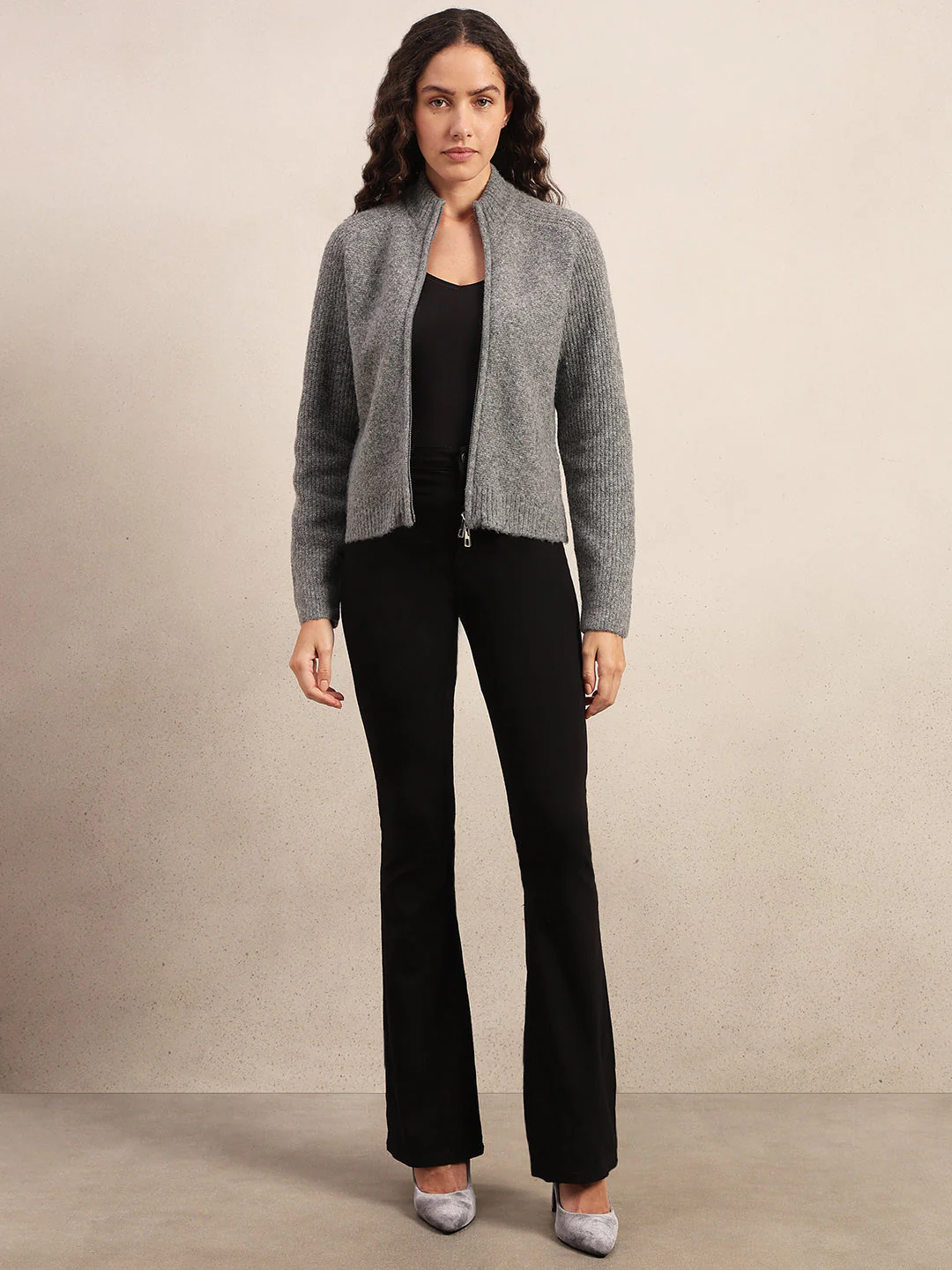 High Neck Zip Cardigan - Grey - Image 5