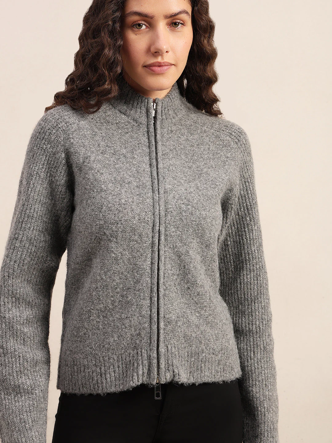 High Neck Zip Cardigan - Grey - Image 6