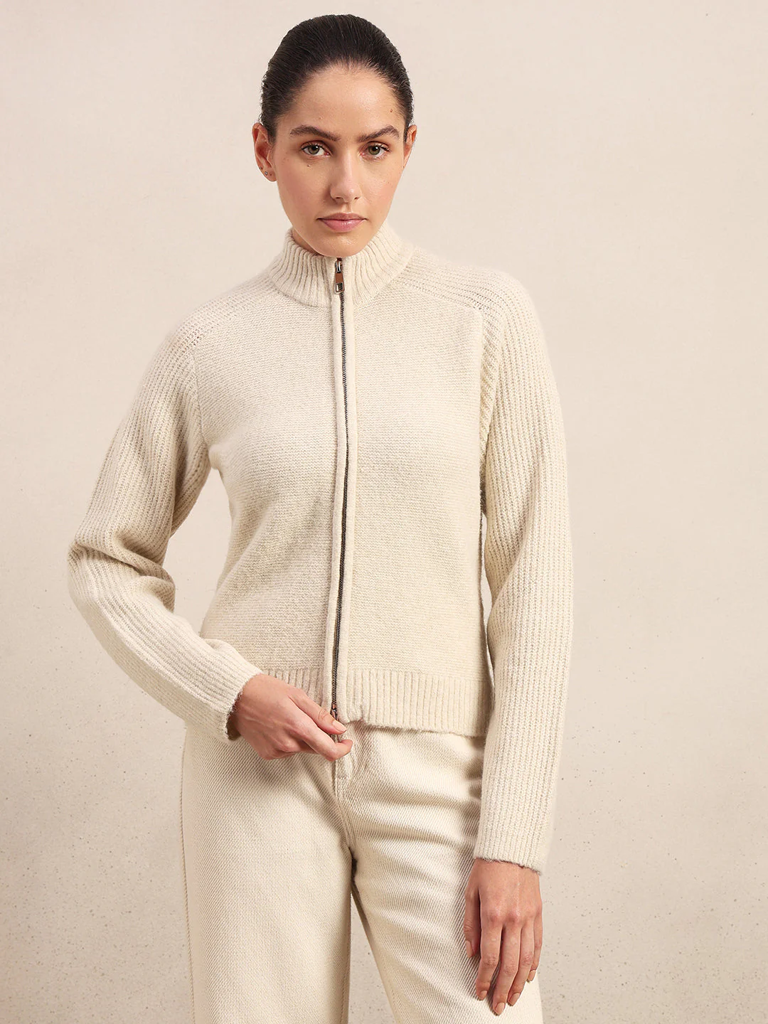 High Neck Zip Cardigan - Beige - Image 2