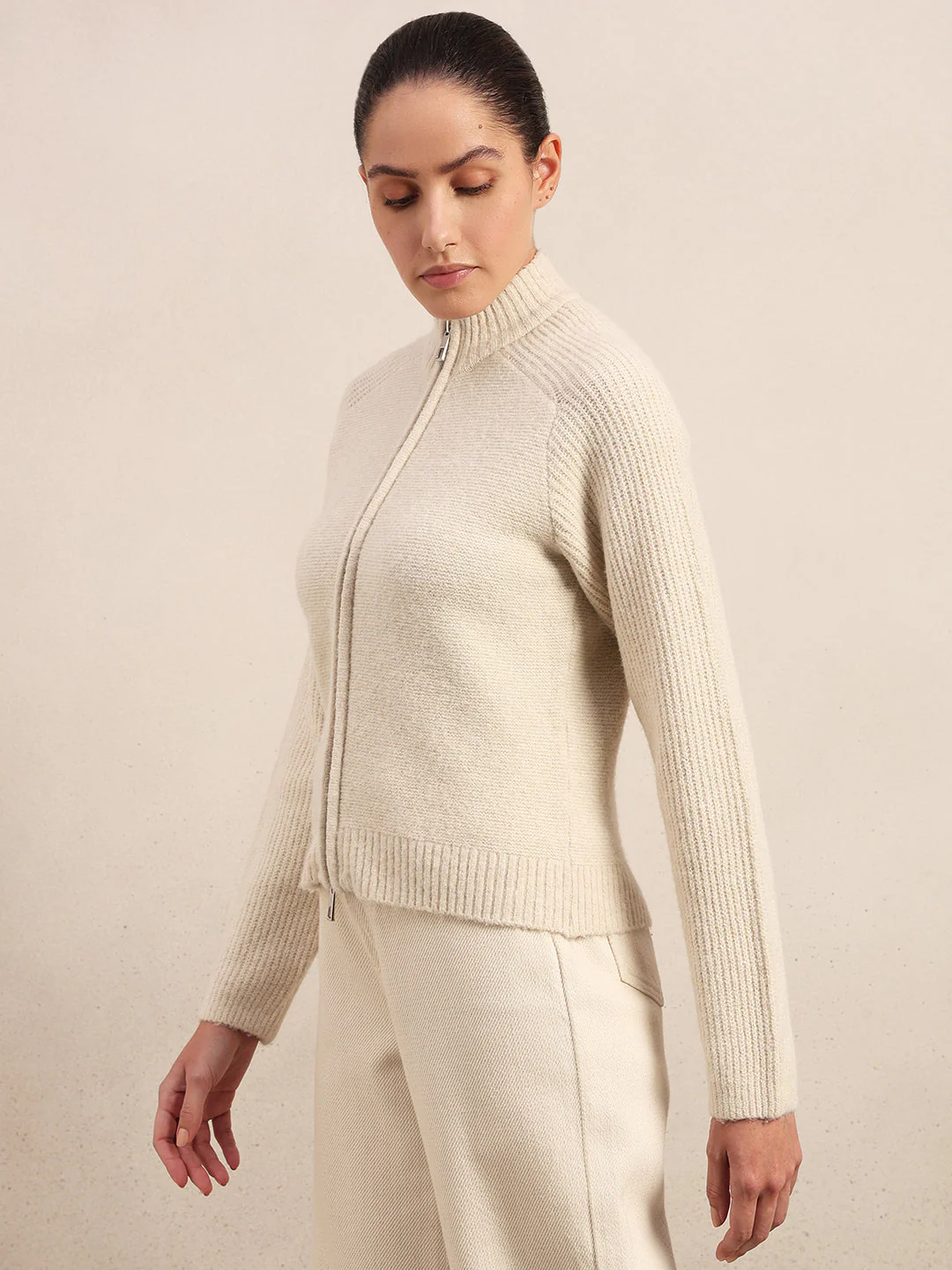 High Neck Zip Cardigan - Beige - Image 3