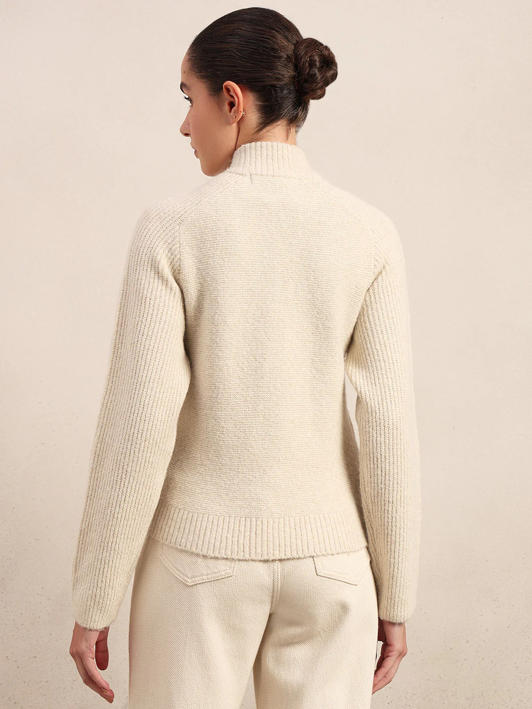 High Neck Zip Cardigan - Beige - Image 4