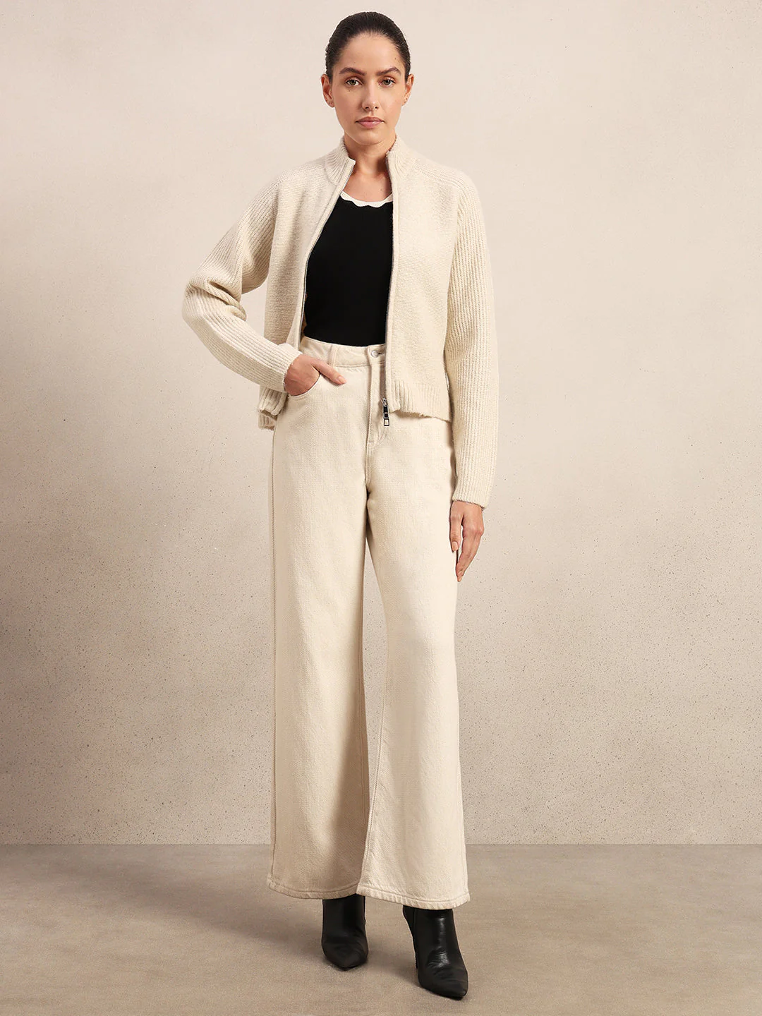 High Neck Zip Cardigan - Beige - Image 5