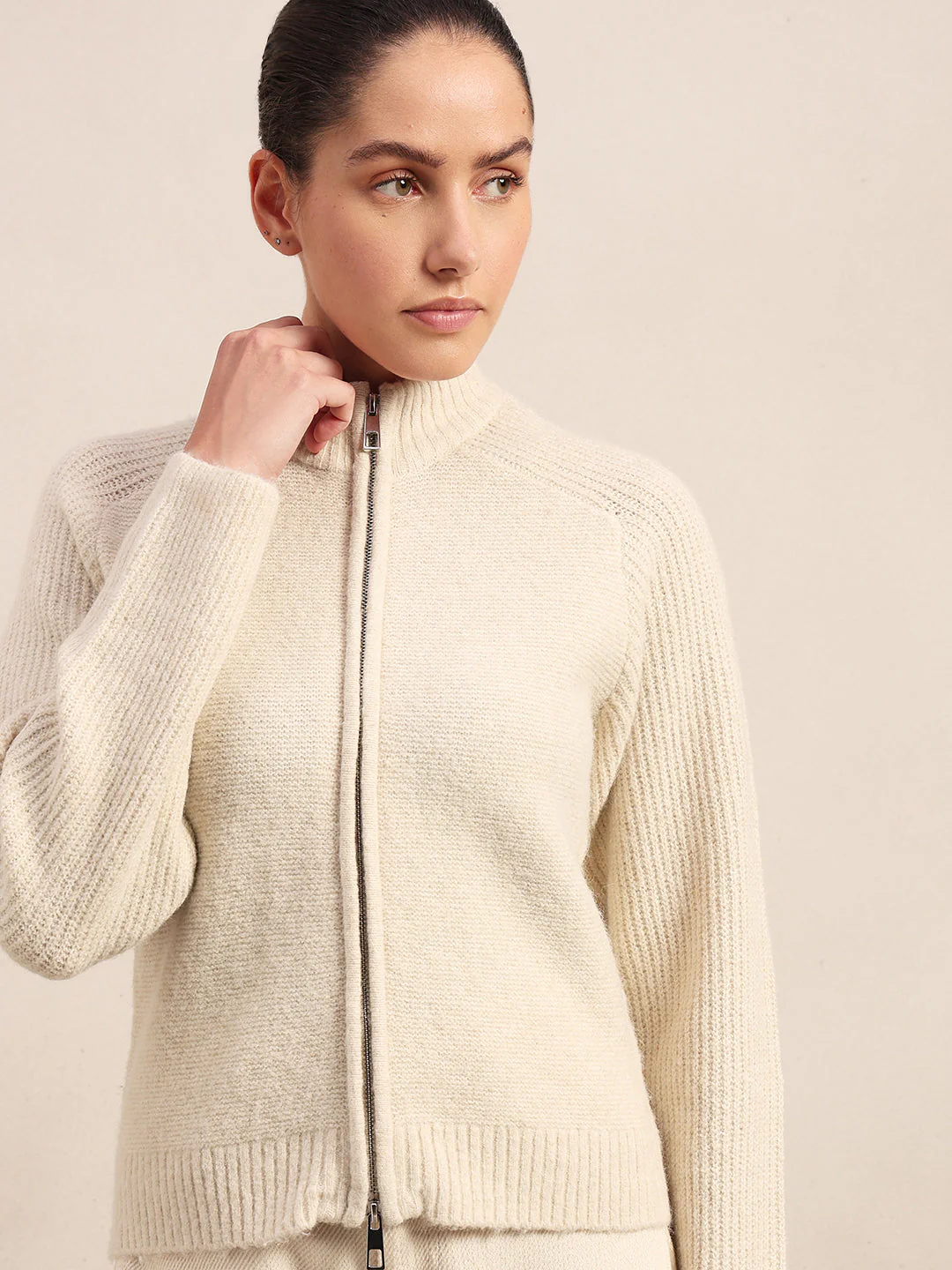 High Neck Zip Cardigan - Beige - Image 6