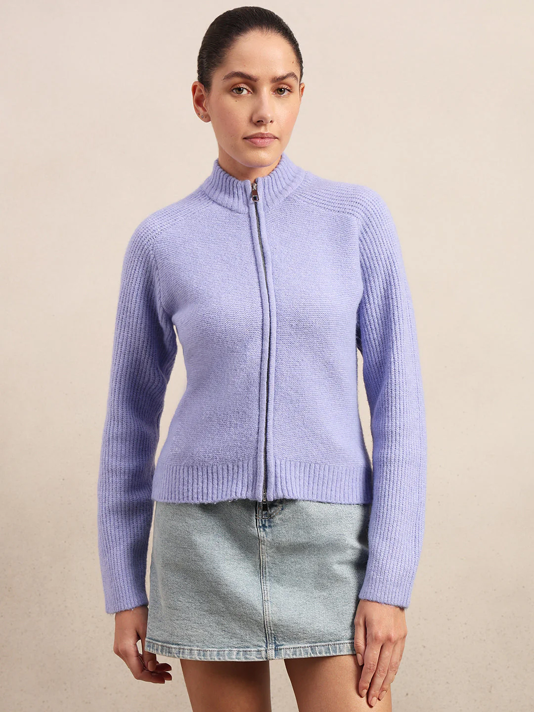 High Neck Zip Cardigan - Purple - Image 2
