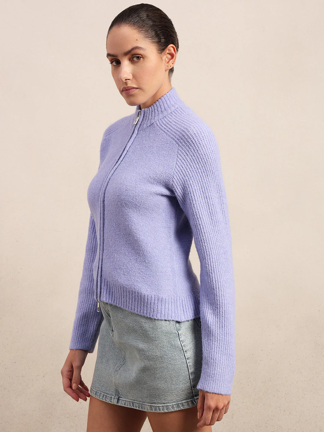 High Neck Zip Cardigan - Purple - Image 3