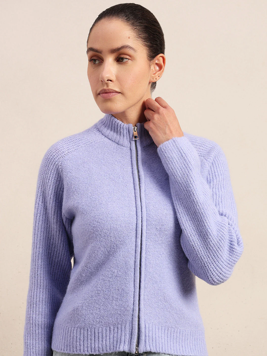 High Neck Zip Cardigan - Purple - Image 6