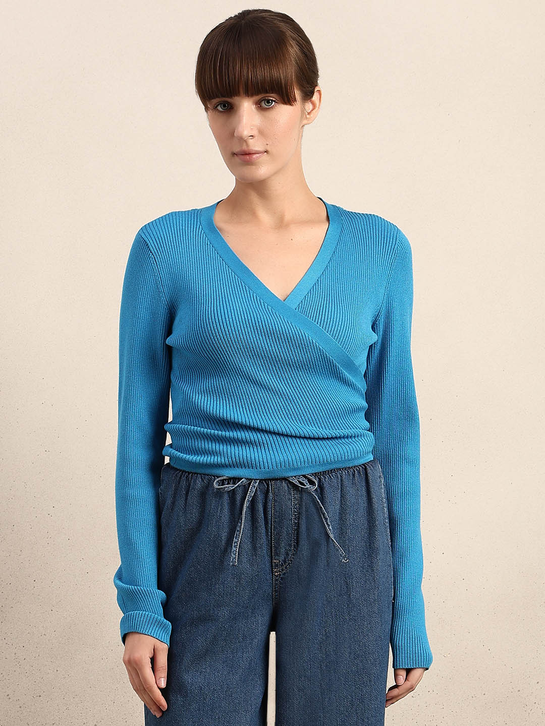 Blue Ribbed Wrap Knit Cardigan - Image 2