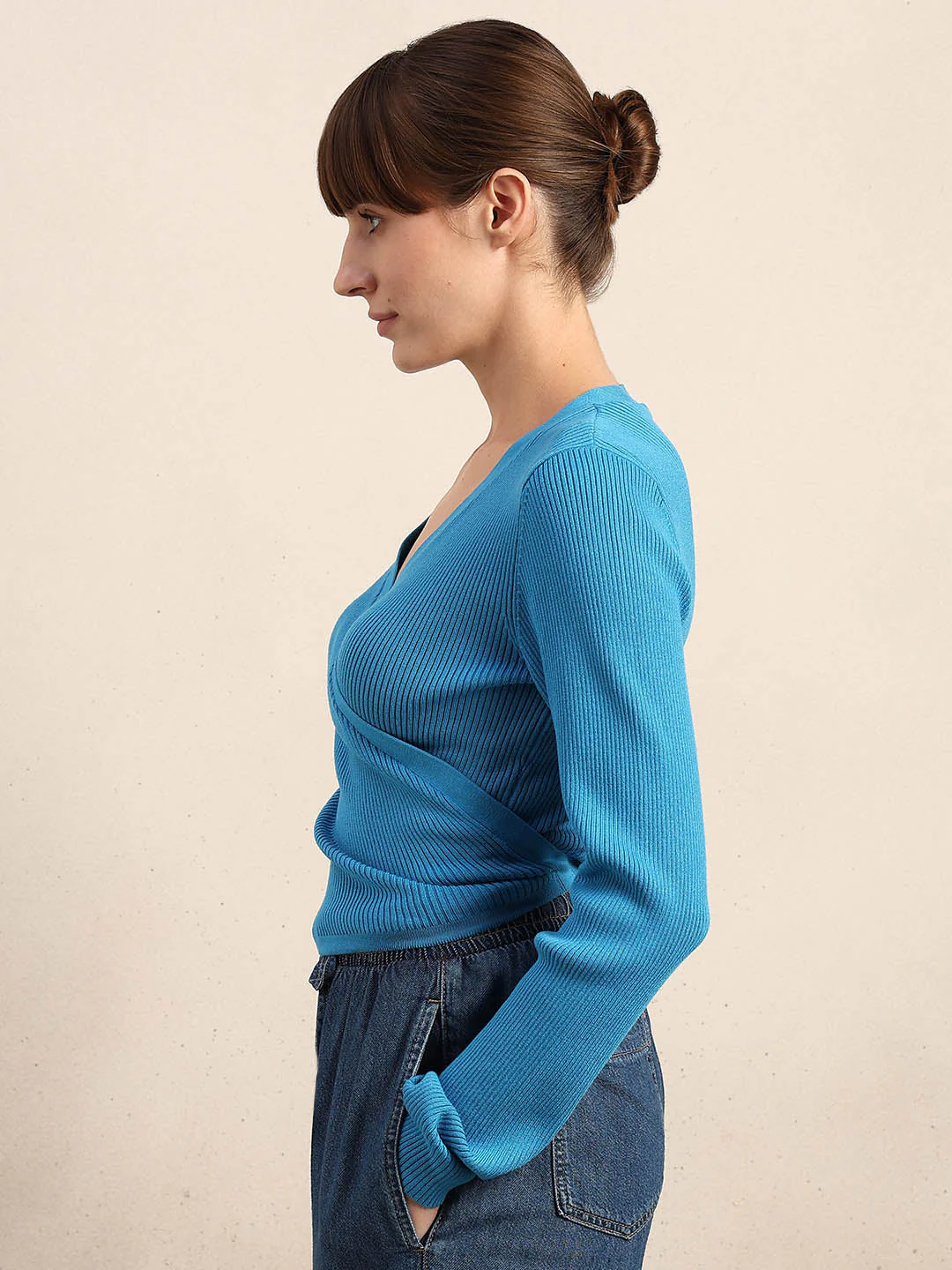 Blue Ribbed Wrap Knit Cardigan - Image 3