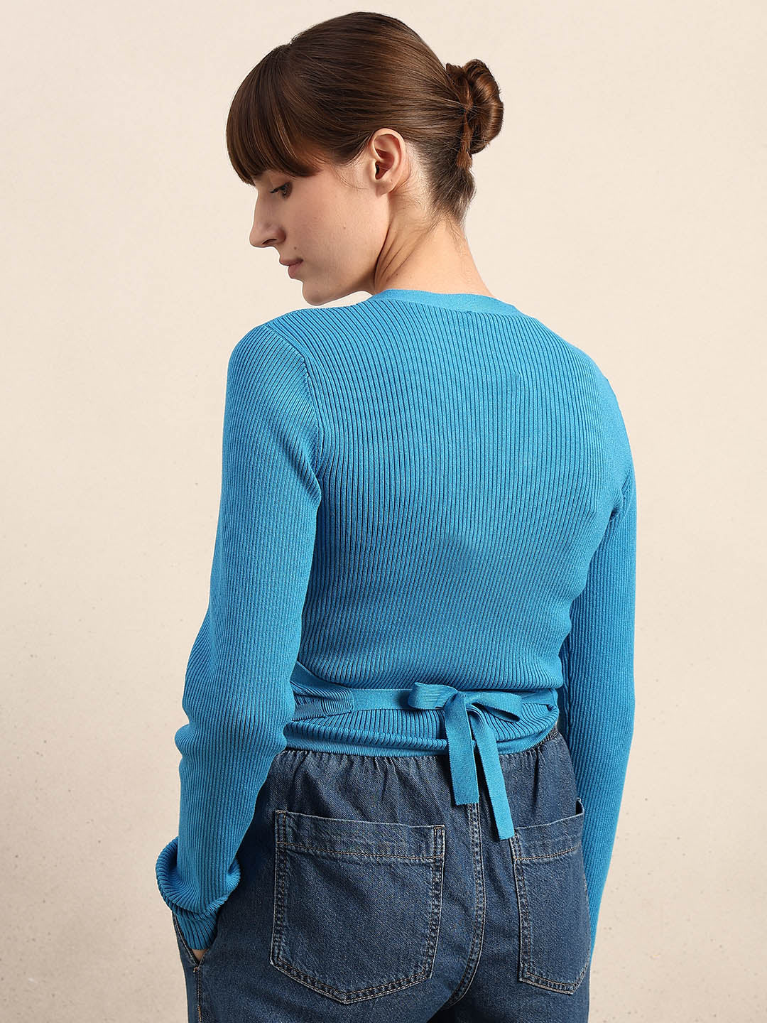 Blue Ribbed Wrap Knit Cardigan - Image 4