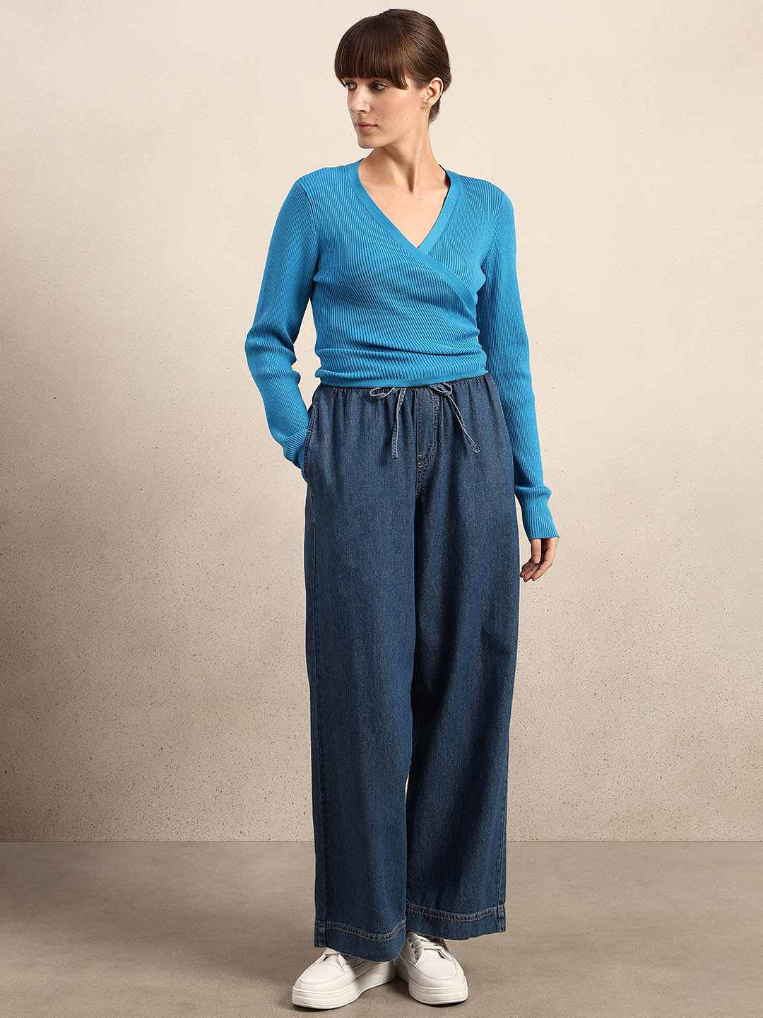 Blue Ribbed Wrap Knit Cardigan - Image 5