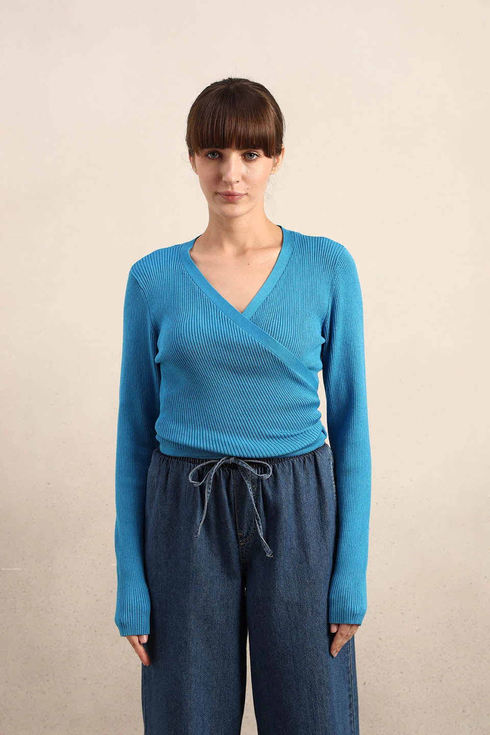 Blue Ribbed Wrap Knit Cardigan - Image 9