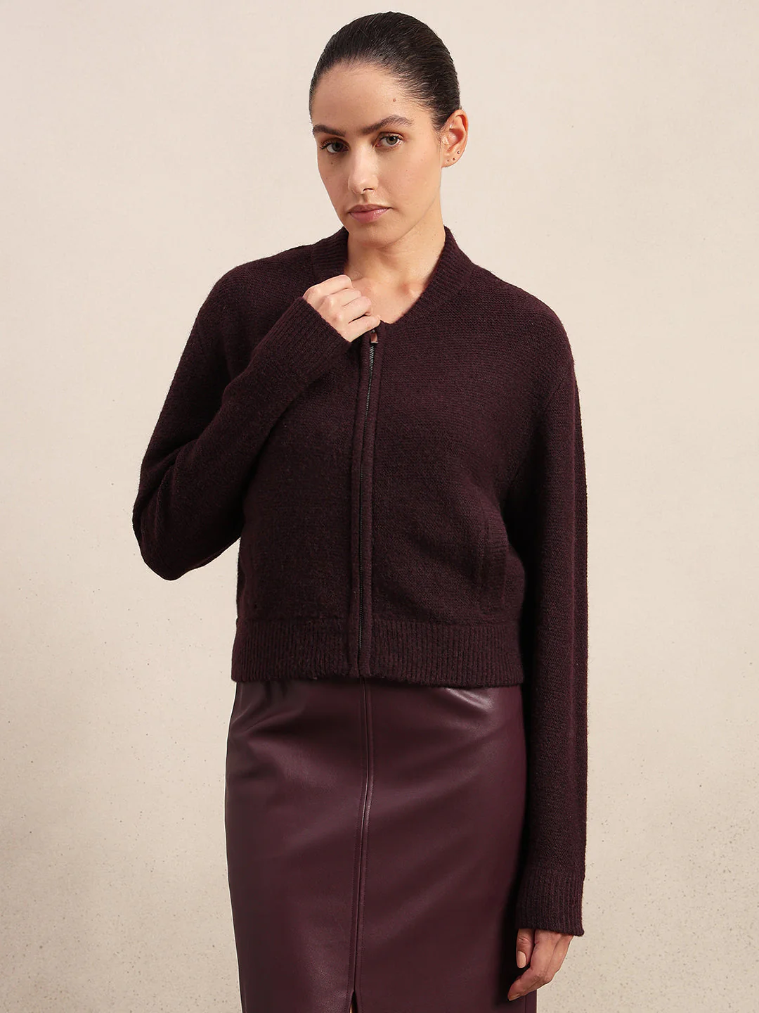 Zip-Up O-Neck Cardigan - Maroon - Image 2