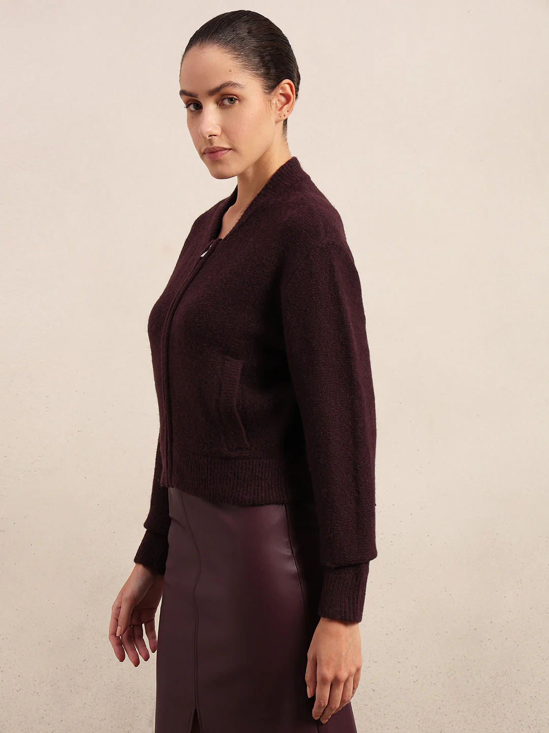 Zip-Up O-Neck Cardigan - Maroon - Image 3