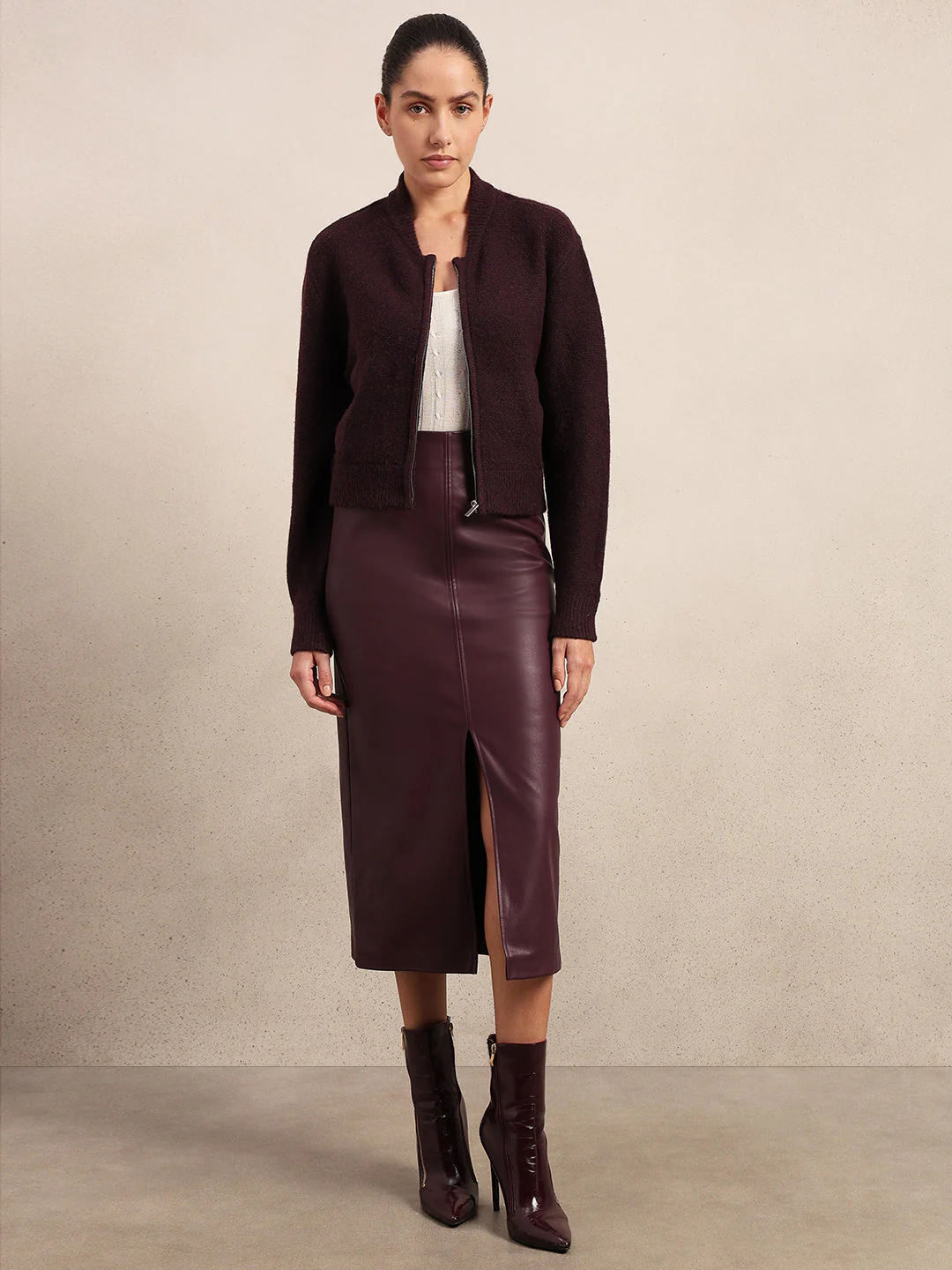 Zip-Up O-Neck Cardigan - Maroon - Image 5
