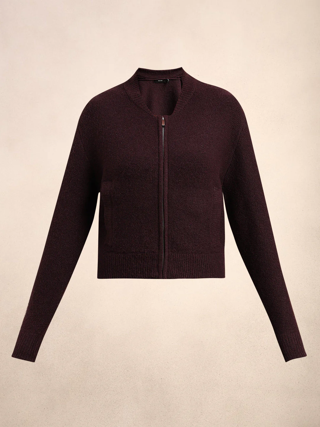 Zip-Up O-Neck Cardigan - Maroon - Image 7