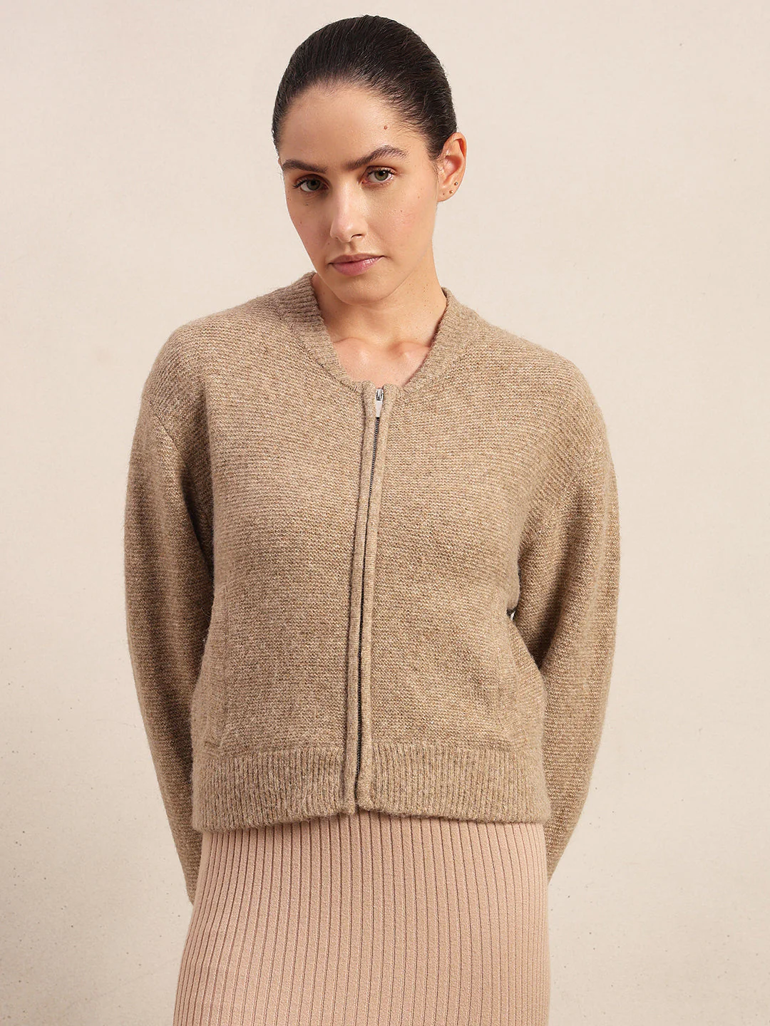 Zip-Up O-Neck Cardigan - Beige - Image 2