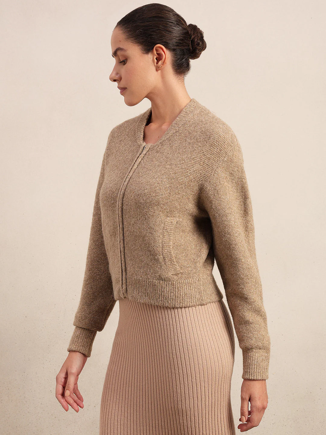 Zip-Up O-Neck Cardigan - Beige - Image 3