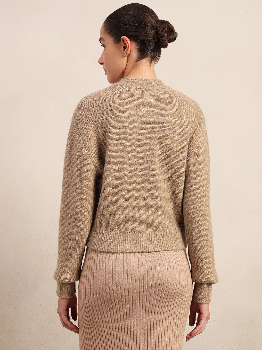 Zip-Up O-Neck Cardigan - Beige - Image 4