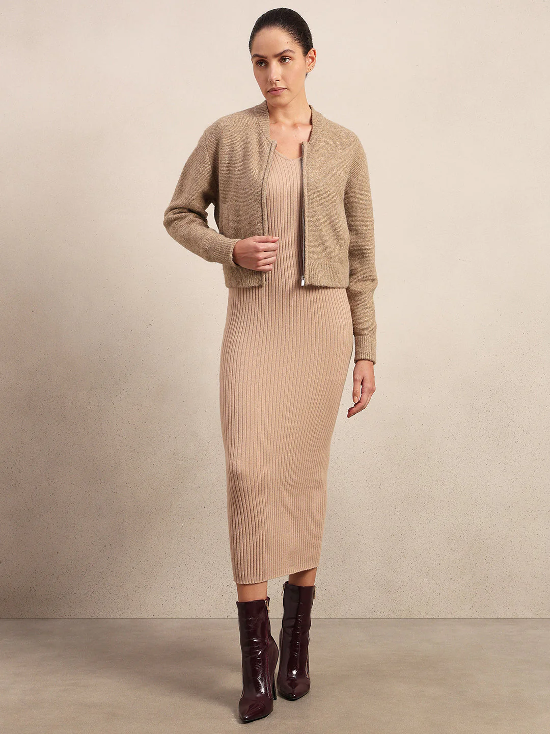 Zip-Up O-Neck Cardigan - Beige - Image 5