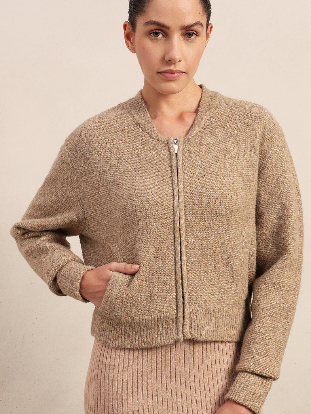 Zip-Up O-Neck Cardigan - Beige - Image 6