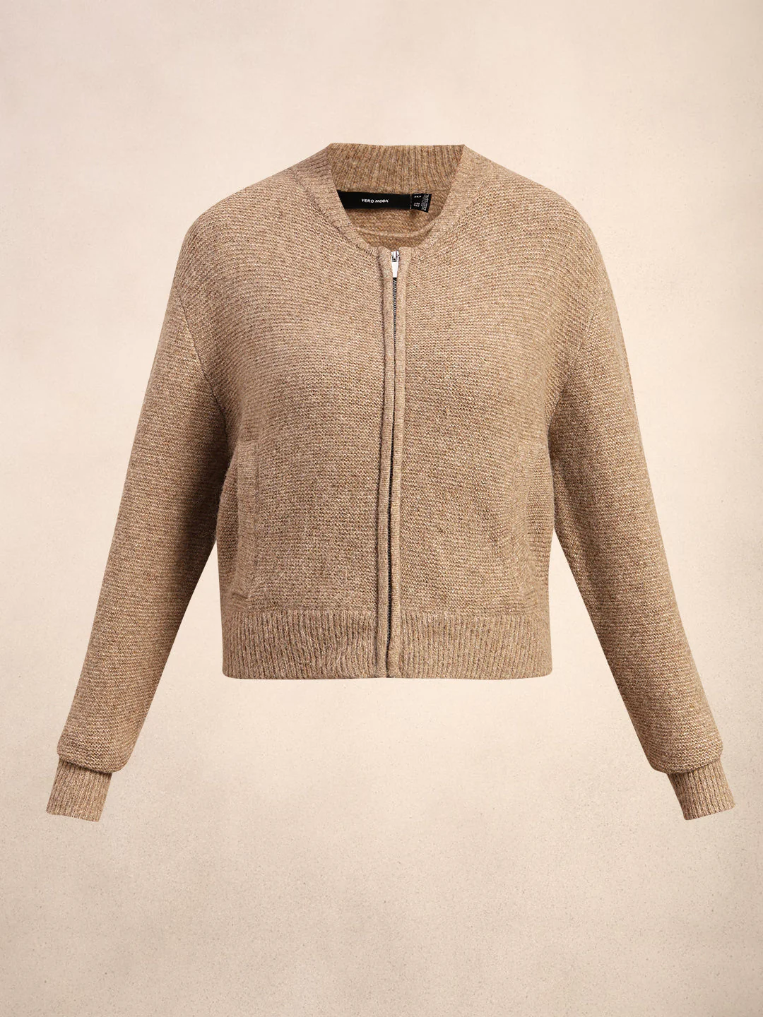 Zip-Up O-Neck Cardigan - Beige - Image 7