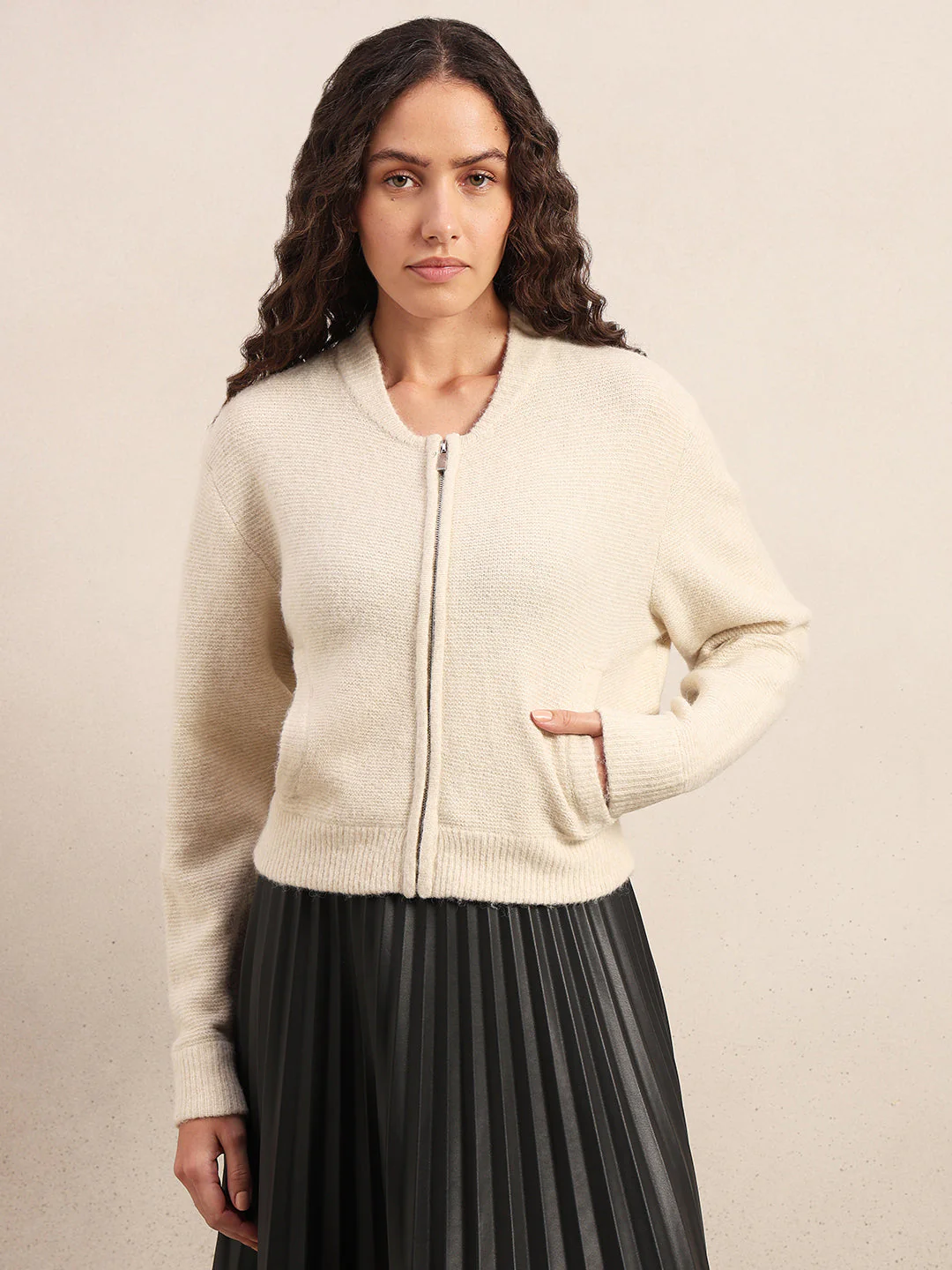 Zip-Up O-Neck Cardigan - Off-White - Image 2