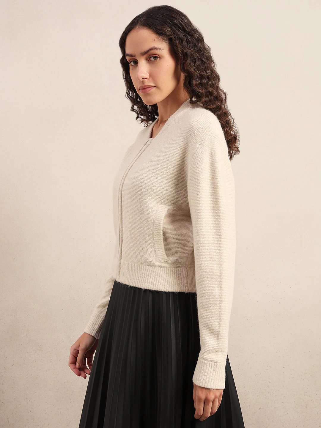 Zip-Up O-Neck Cardigan - Off-White - Image 3