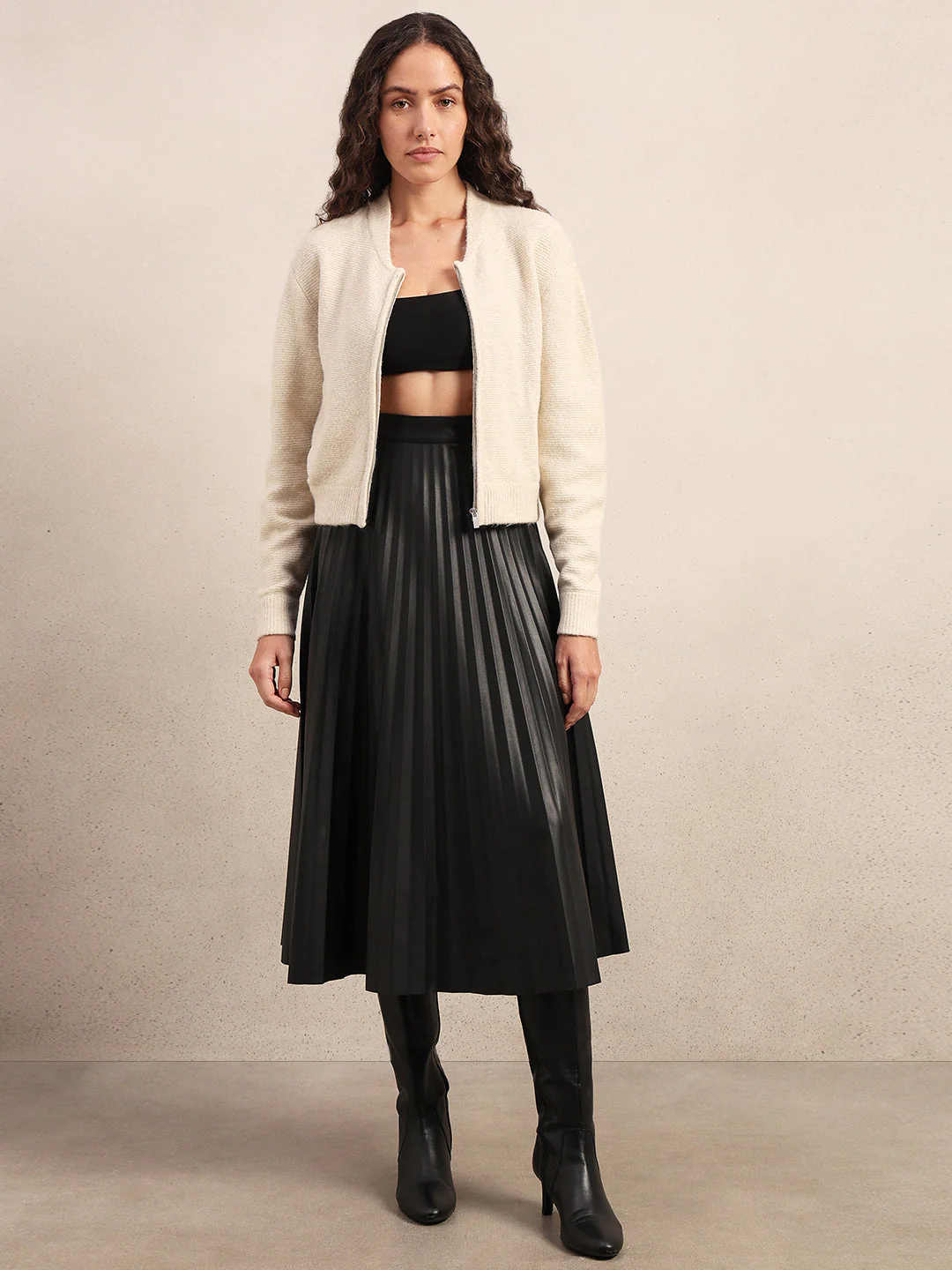 Zip-Up O-Neck Cardigan - Off-White - Image 5