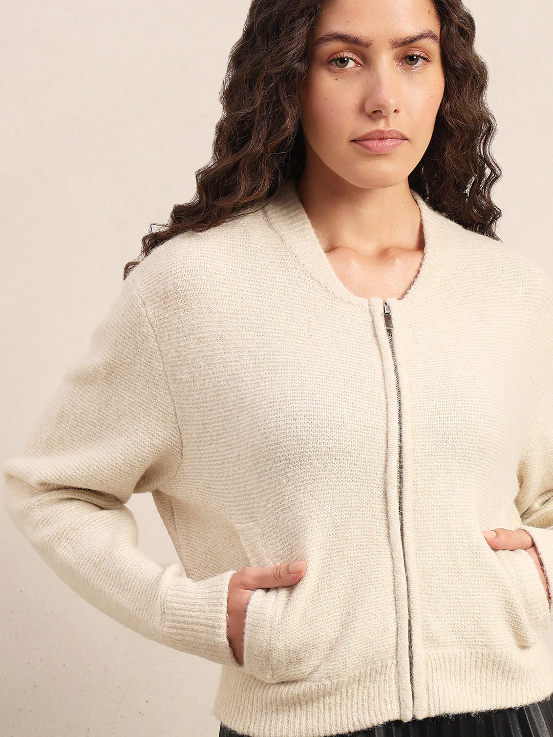 Zip-Up O-Neck Cardigan - Off-White - Image 6